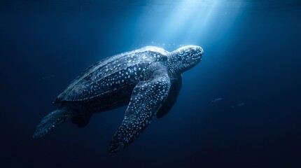 Naklejka premium Giant Leatherback Sea Turtle Swimming in Deep Blue Ocean Water with Sun Rays