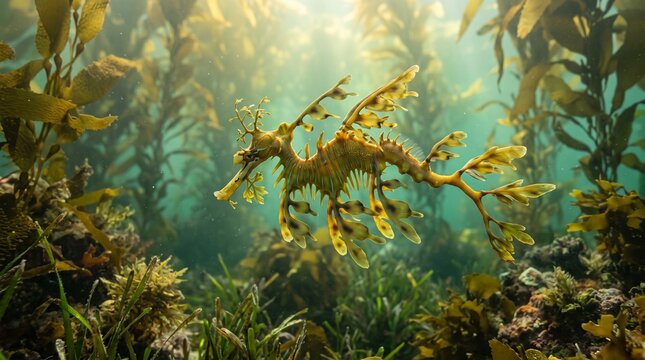Majestic Leafy Sea Dragon Gliding Through Sunlit Kelp Forest Underwater