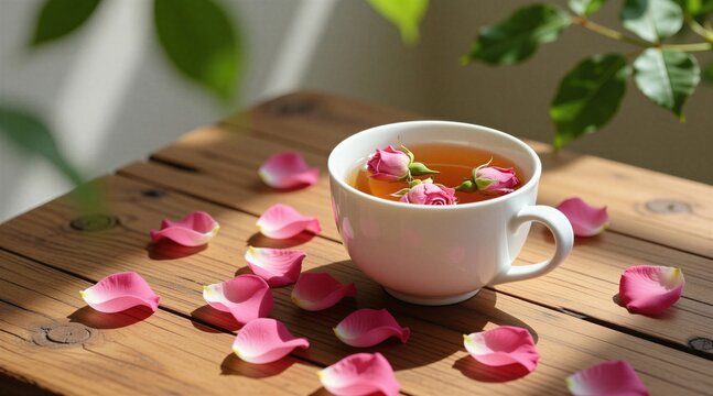White ceramic cup with herbal tea sits on wooden table surface. Fresh pink rose flower buds float in beverage. Scattered soft petals decorate rustic desk area. Morning sunlight creates cozy