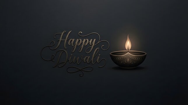 Minimalist happy diwali greeting with elegant script typography and a single glowing diya lamp on a dark background