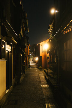 Empty traditional Japanese street at night