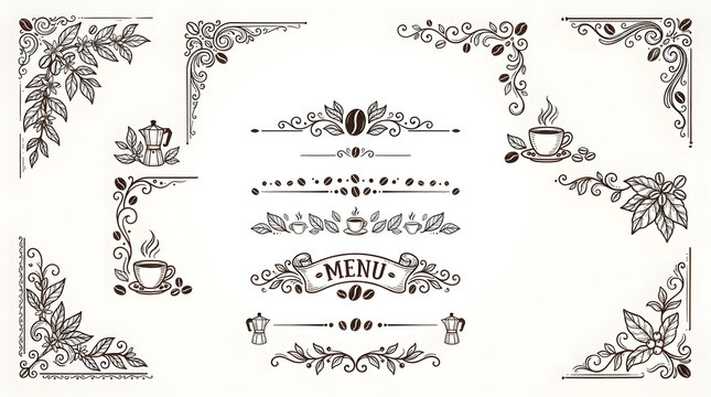 Vintage coffee bean corner borders and menu dividers set for cafe design elements.