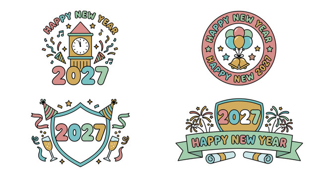 Set of four colorful hand drawn Happy New Year 2027 celebration badges.