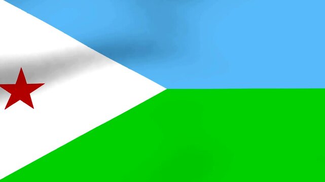 Waving flag of Djibouti with a red star on white triangle and blue green stripes