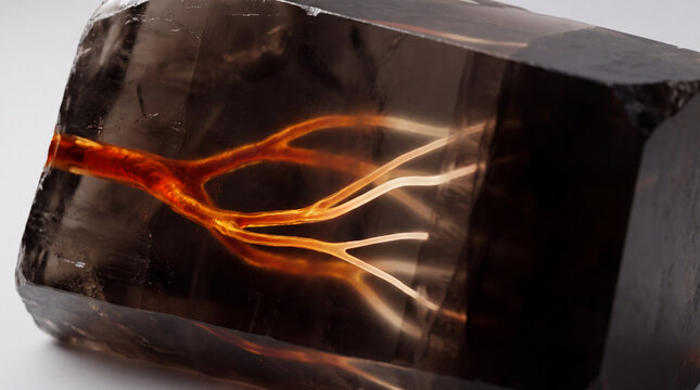 Rounded amber 3D crystal holds two branching veins