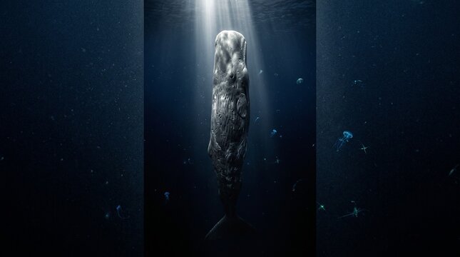 Sperm whale sleeping vertically in dark ocean with sun rays from surface