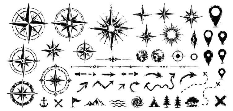 Set of compass roses, navigation arrows, map markers, and nature icons in black sketch