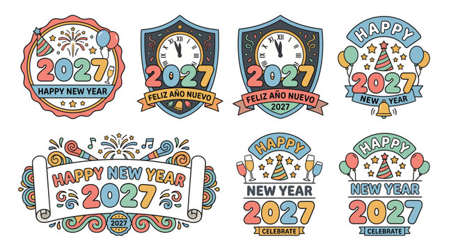 Set of Happy New Year 2027 hand drawn doodle badges and emblems.