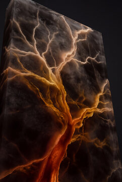 Lightning-like veins climb a towering 3D glass monolith