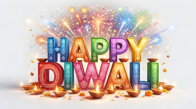 Colorful 3d happy diwali text with ornate patterns, fireworks, and glowing diya lamps isolated on white background