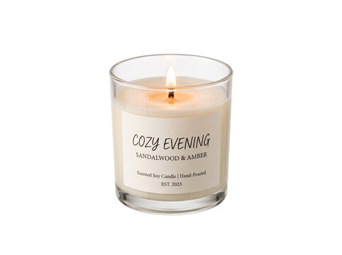 Scented soy candle with sandalwood and amber fragrance for a cozy evening ambiance