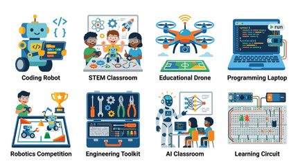 Naklejka premium Illustration set showcasing children engaged in STEM and robotics activities, featuring coding robots, classroom settings, and engineering tools.