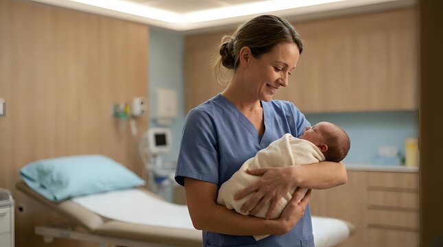 Smiling nurse in blue scrubs holding newborn baby in hospital room