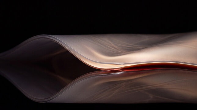 Parallel amber ribbons flow across glossy 3D glass
