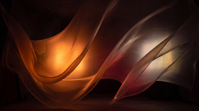 Draped 3D glass folds glow deep amber and red