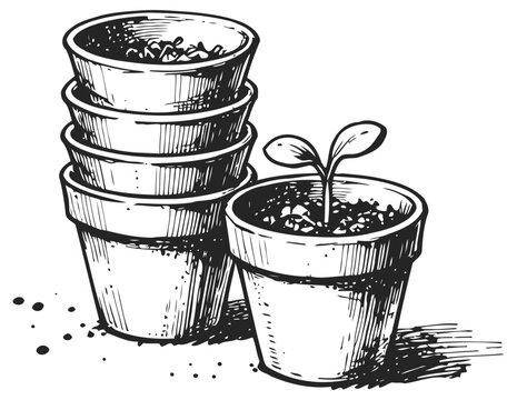 Stack of empty flower pots with one pot containing a seedling sprouting from soil, gardening concept