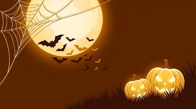 Two spooky halloween pumpkins with flying bats and a giant full moon
