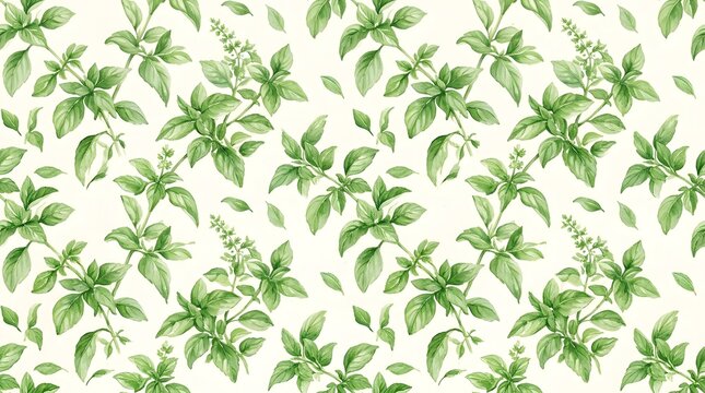Watercolor seamless pattern with fresh green basil leaves and sprigs.