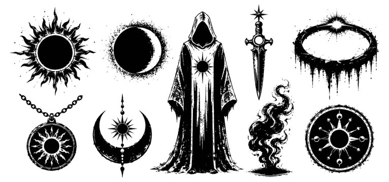 Mystical occult symbols and dark magic elements with cloaked figure, celestial signs, and enchanted objects