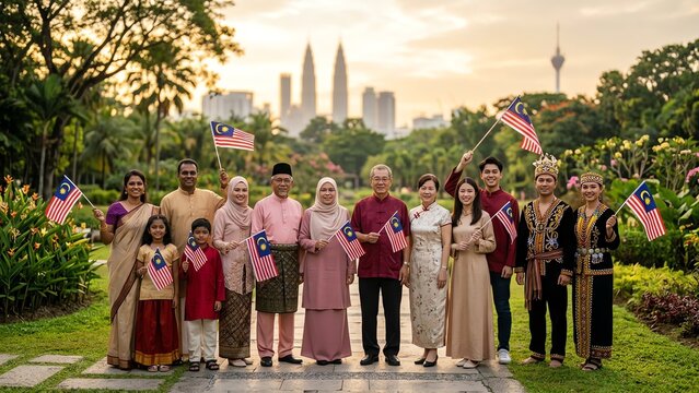 Diverse Malaysian families holding national flags in a park with city skyline background
