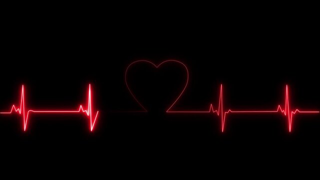 Neon red heartbeat ekg line animation on black background, for medical and, romantic concepts, heart rate