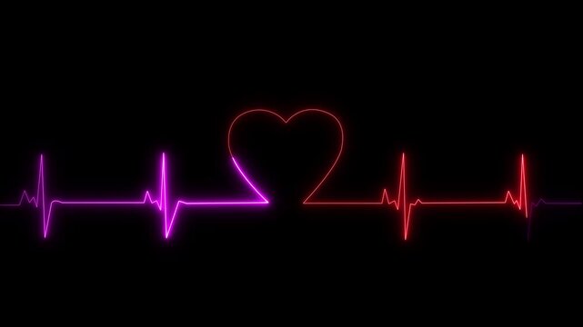 Neon heartbeat ekg line animation, glowing pulse rhythm on black background