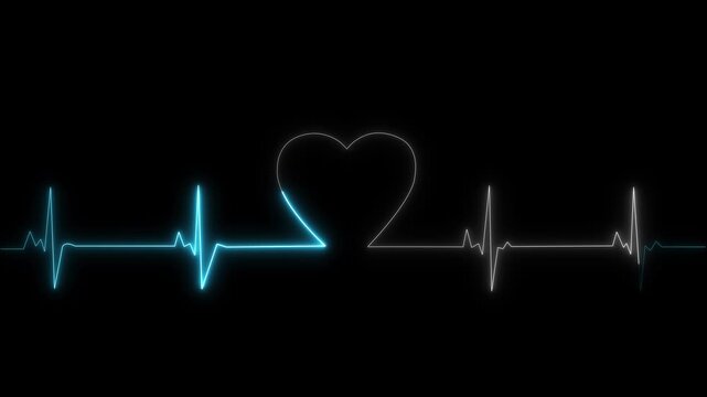Neon heartbeat ekg pulse line animation on black background, medical cardiology concept heart rate