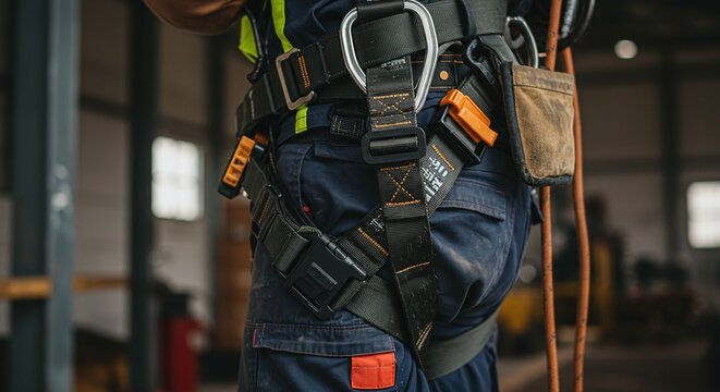 A high-visibility safety harness with straps and buckles, essential for fall protection at work.Concept of occupational safety and personal protection.