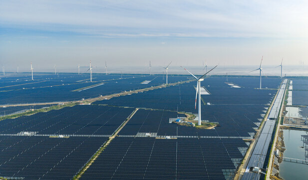  vast floating solar farm and wind turbines over water