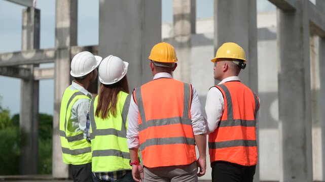 Architects and construction engineers review structural and architectural plans at a building site. Concept of construction planning, structural design, teamwork, and project development.