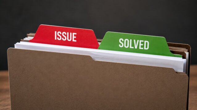 Manila folder with red issue and green solved tags organizes office workflow for efficient tracking.