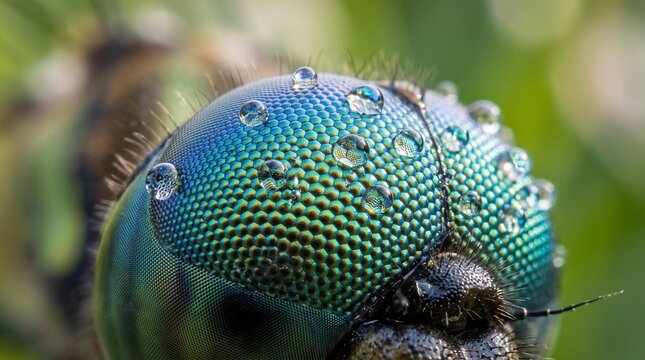 Close-up of a flys compound eye with water droplets.