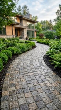 Curved paved stone pathway winding through vibrant green garden shrubs leading to luxury modern home with wooden siding wall.
