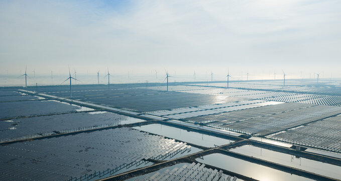  vast floating solar farm and wind turbines over water