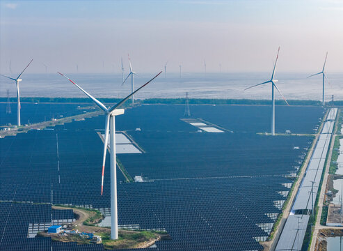  vast floating solar farm and wind turbines over water