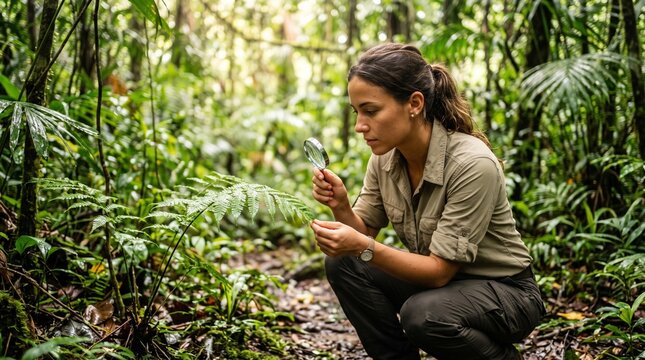 Female botanist examining plant in lush rainforest.