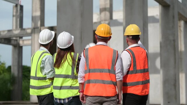 Architects and construction engineers review structural and architectural plans at a building site. Concept of construction planning, structural design, teamwork, and project development.