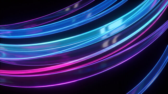 Parallel neon 3D tubes ripple in glossy chrome waves