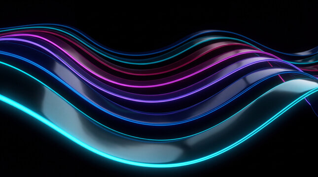 Two chrome 3D ribbons cross with glowing neon cores