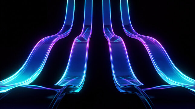 Neon 3D tubes fan outward in glowing chrome rays