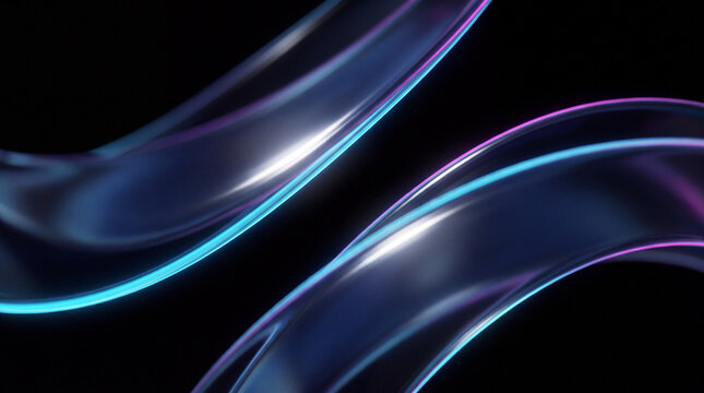 Two glossy 3D ribbons weave with a neon glow