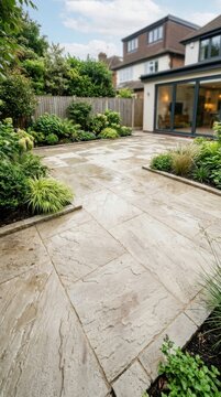Large beige sandstone patio tiles arranged in rectangular pattern create spacious modern outdoor lounge area near glass door.