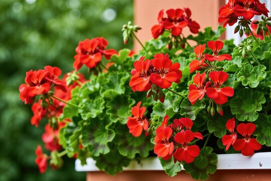 Vibrant red geranium flowers bloom in white window box container. Green foliage leaves surround petals. Bright floral plant sits on exterior ledge of home wall. Beautiful summer garden decor creates