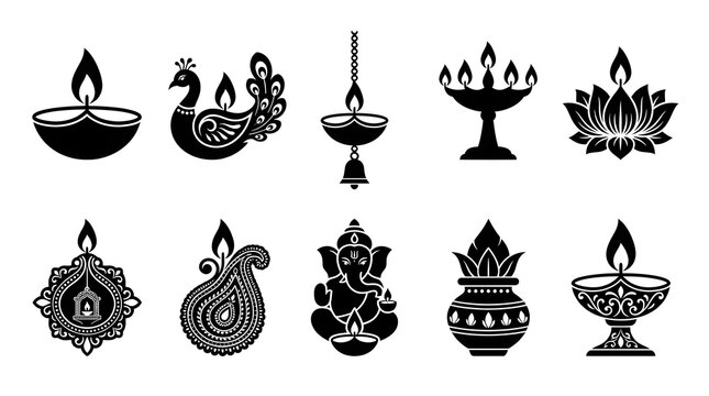 Set of black silhouette icons for diwali festival featuring diyas, ganesha, and traditional symbols