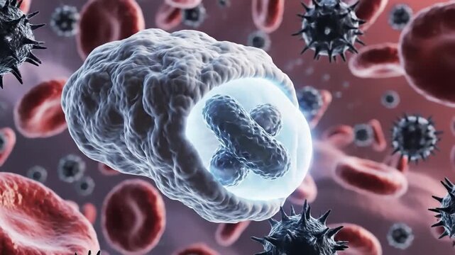 White macrophage cell engulfing dark spiky bacteria in the bloodstream through phagocytosis
