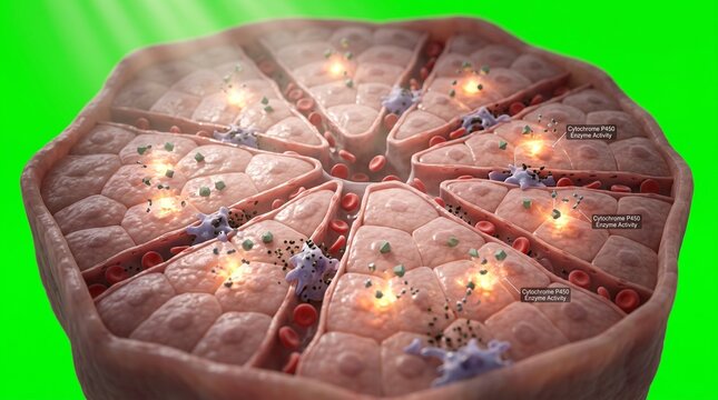 3D medical illustration of a hepatic lobule showing liver cell metabolic processes.