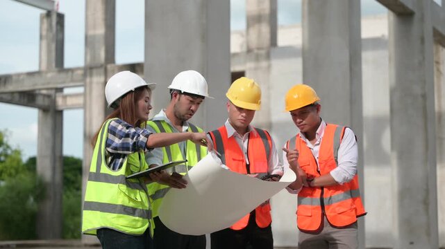Architects and construction engineers review structural and architectural plans at a building site. Concept of construction planning, structural design, teamwork, and project development.