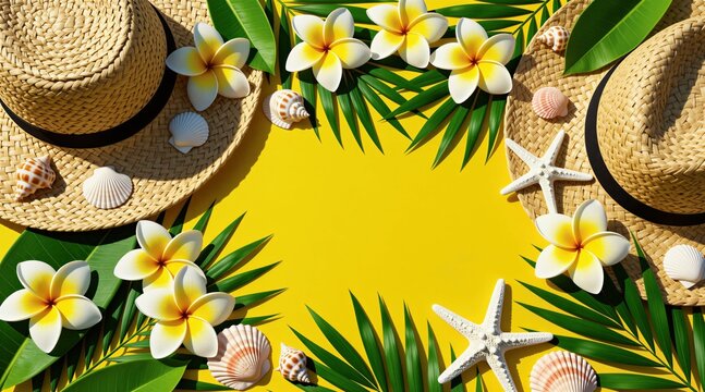 Flat lay of straw hats surrounded by tropical frangipani flowers, sea shells on bright yellow background. Palm leaves decorate summer vacation travel concept frame. Exotic floral elements with