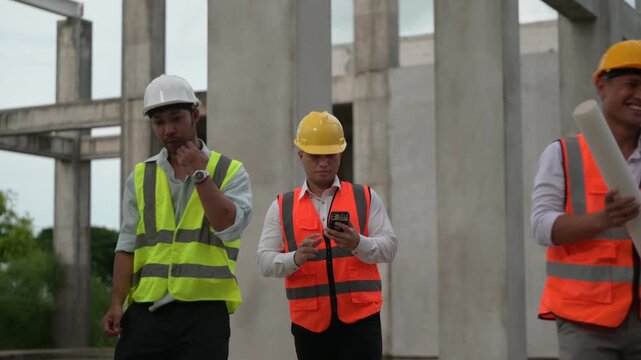 Architects and construction engineers review structural and architectural plans at a building site. Concept of construction planning, structural design, teamwork, and project development.