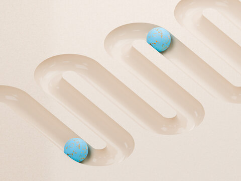 Two Blue Stones in a White Wavy Path on a Flat Surface